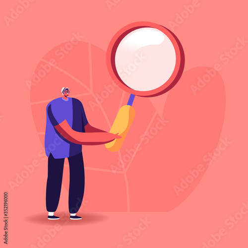 Man Character Holding Huge Magnifier Glass on Nature Background. Man Searching Mites on Plant Leaves at Summer Time, Information and Opportunity Research, Discovery. Cartoon Vector Illustration