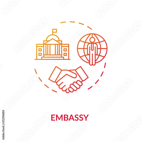 Embassy concept icon. Diplomatic mission idea thin line illustration. International affairs. Foreign countries partnership. Vector isolated outline RGB color drawing
