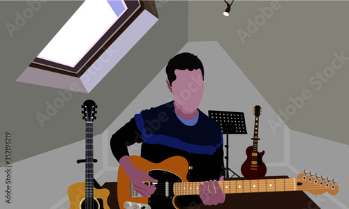 Practice guitar, compose music in the attic.Quarantine during the Covid-19 epidemic situation.Concentrate on playing the guitar.