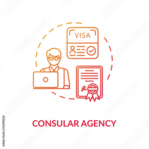 Consular agency concept icon. Tourist visa application. Diplomatic mission idea thin line illustration. Foreign country travel document. Vector isolated outline RGB color drawing