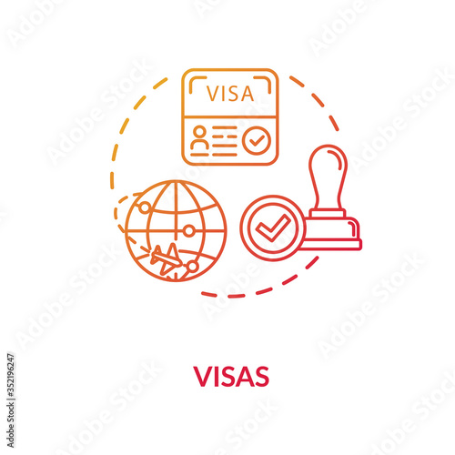 Visa concept icon. Abroad trip. Foreign country document application. Legal immigration approvement idea thin line illustration. Vector isolated outline RGB color drawing