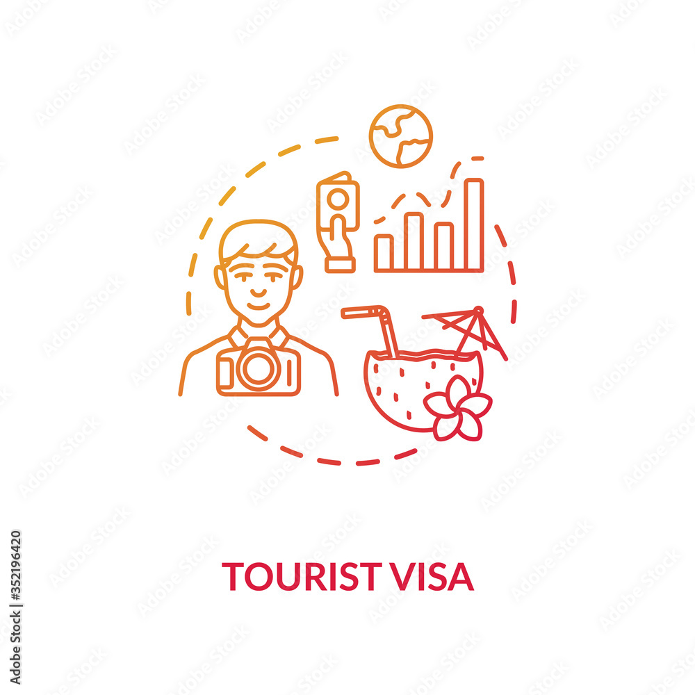 Fototapeta premium Tourist visa concept icon. Abroad vacation. Traveller document application. Summer holiday planning idea thin line illustration. Vector isolated outline RGB color drawing