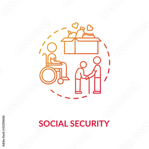 Social security concept icon. People in need help. Old age pensioners support. Caregiving service. Food donation idea thin line illustration. Vector isolated outline RGB color drawing