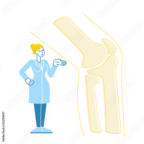 Orthopedics and Podiatry Medical Healthcare Concept. Doctor Orthopedist Character Stand at Huge Foot with Knee Joint Bones X-ray Picture. Patient Treatment in Hospital. Linear Vector Illustration