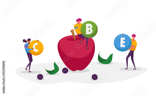 Characters Hold Huge Vitamin Balls around of Ripe Apple. Vitamins in Fruits Eco Products, Healthy Lifestyle and Organic Food Choice as Source of Energy and Health. Cartoon People Vector Illustration