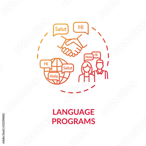 Language programs concept icon. Native speaker lesson. Multilingual society. Linguistics university idea thin line illustration. Vector isolated outline RGB color drawing