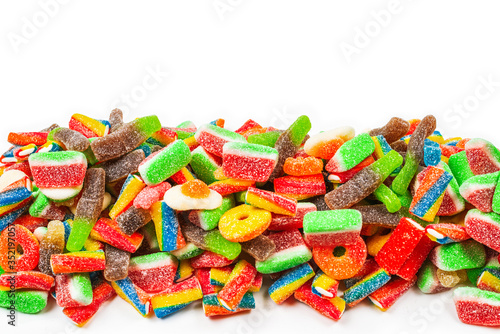 Assorted gummy candies. Top view. Jelly sweets.