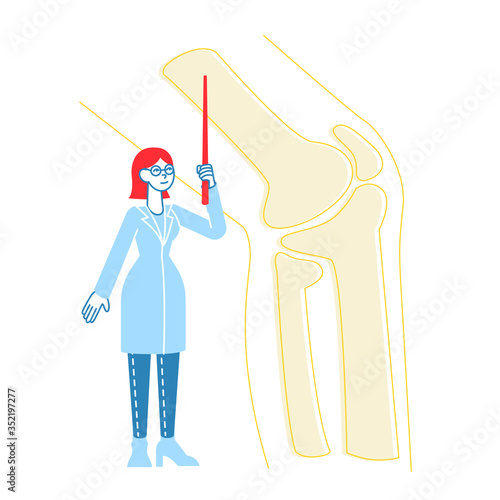 Medical Healthcare Concept. Doctor Orthopedist Character with Pointer Look at Huge Picture of Leg Skeleton Bones. Patient Treatment with Specialist in Orthopedics Hospital. Linear Vector Illustration