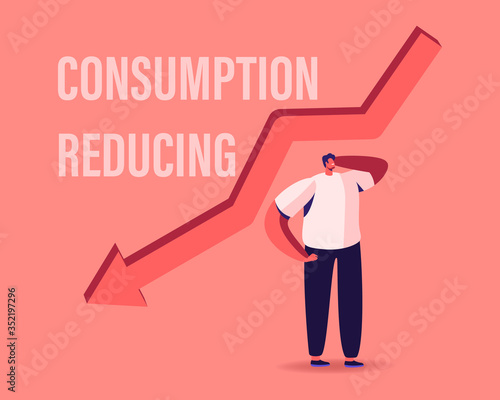Consumption Reducing, Saving Money Concept. Tiny Male Character Stand at Huge Red Arrow Falling Down. Searching Modern Solutions of Saving Budget by Lowering Consumption. Cartoon Vector Illustration