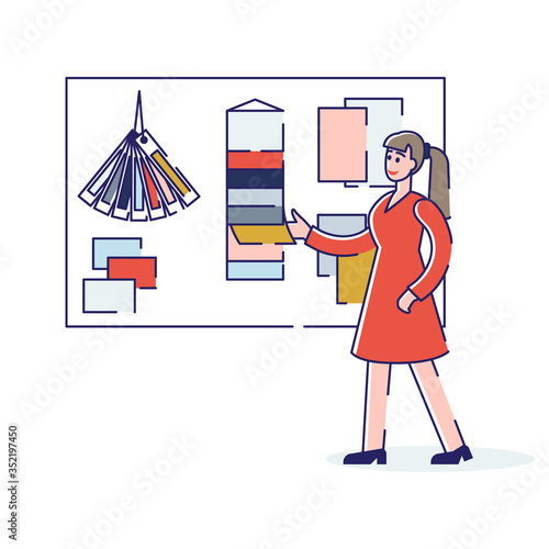 Girl choosing ink cartridge for print plotter. Printshop or polygraphy center worker or client