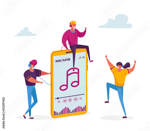 Young People Listen Music on Huge Player or Mobile Phone Application. Tiny Male and Female Characters Wearing Headphones Enjoying Sound Composition, Dancing and Relaxing. Cartoon Vector Illustration