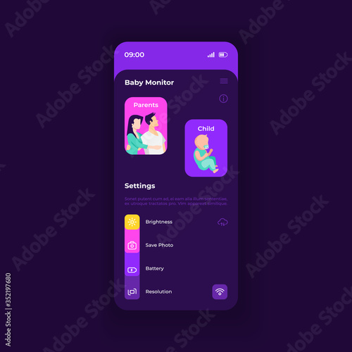 Parenting smartphone interface vector template. Mobile app page dark violet design layout. Baby monitoring for mother and father screen. Flat UI for application. Parenthood aid. Phone display