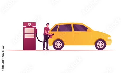 Gas Station Worker Character Pouring Fuel in Car with Filling Gun. Employee at Petroleum Station or Auto Owner Refueling Automobile, Transport Gasoline Service for Drivers. Cartoon Vector Illustration