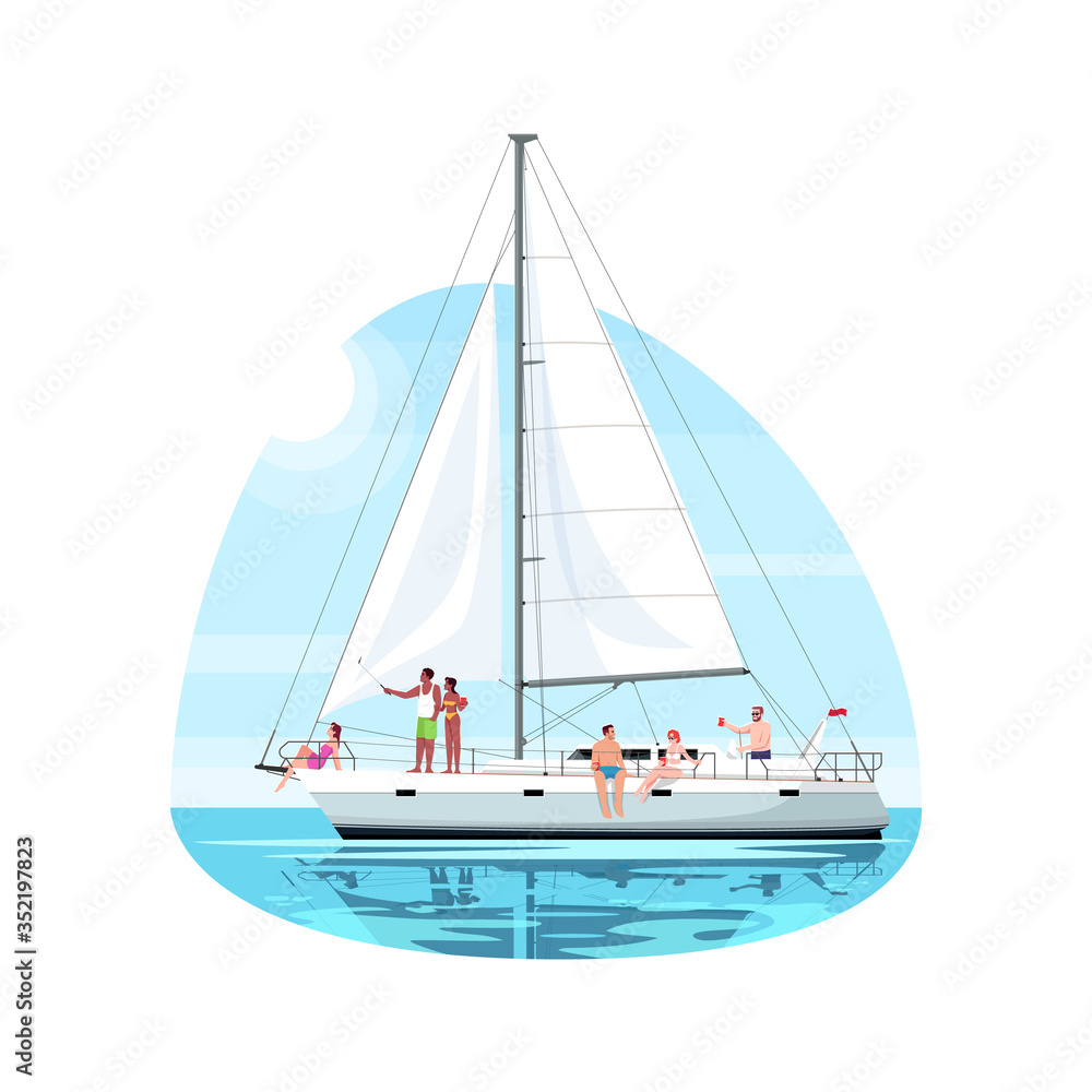 Multicultural group on regatta semi flat vector illustration. People rest on boat. Trip on luxury ship. Private yacht for voyage. Summer recreation 2D cartoon characters for commercial use