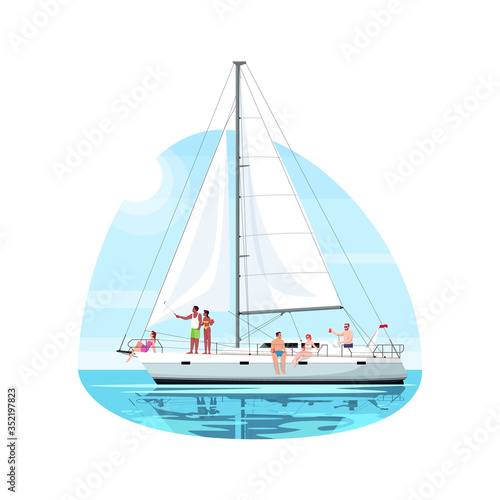 Multicultural group on regatta semi flat vector illustration. People rest on boat. Trip on luxury ship. Private yacht for voyage. Summer recreation 2D cartoon characters for commercial use