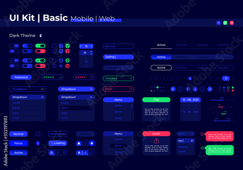 Basic UI elements kit. Dropdown menu. Personal account settings isolated vector icon, bar and dashboard template. Web design widget collection for mobile application with light theme interface
