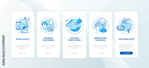 Eating rules, healthy nutrition onboarding mobile app page screen with concepts. Noticing effects food walkthrough 5 steps graphic instructions. UI vector template with RGB color illustrations