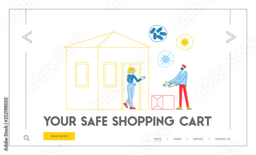 Food Shipping, Safe Food Delivery during Coronavirus Pandemic Landing Page Template. Courier Character Bringing Grocery Production at Customer Door to Avoid Contact. Linear People Vector Illustration © wooster