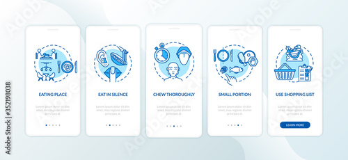 Eating place and portion size onboarding mobile app page screen with concepts. Chewing thoroughly walkthrough 5 steps graphic instructions. UI vector template with RGB color illustrations