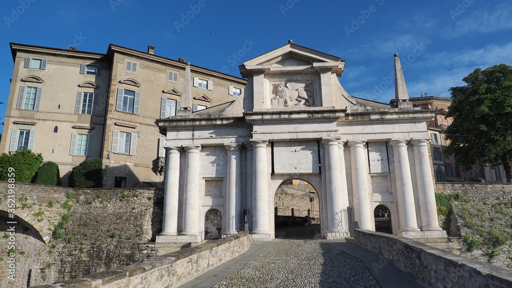 Bergamo, Italy. The old town. Amazing landscape at the ancient gate Porta San Giacomo. Bergamo one of the most beautiful cities in Italy