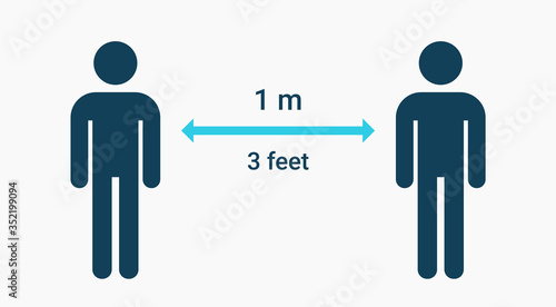Keep social distance icon with 1 meter and 3 feet labels. Safe people from corona vector sticker illustration. Space between 2 man to prevent coronavirus.