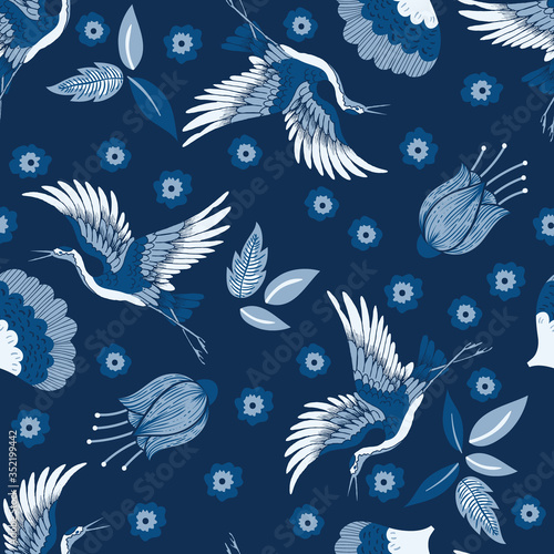 Classic Blue Cranes and Flowers Vector Seamless Pattern