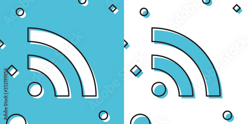 Black RSS icon isolated on blue and white background. Radio signal. RSS feed symbol. Random dynamic shapes. Vector Illustration