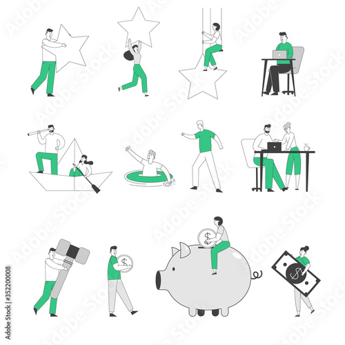 Set of Tiny Male and Female Business People Holding Huge Rating Stars, Working in Office and Floating on Boat. Characters Collect Money to Piggy, Look to Spyglass Bank. Linear Vector Illustration