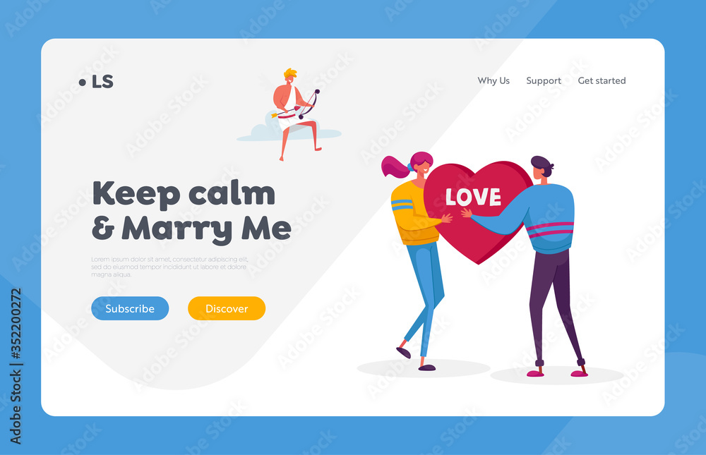 Fall in Love Landing Page Template. Man Ask Woman to Marry. Young Characters Share Huge Red Heart Pierced. Cheerful Cupid Sitting on Cloud in Sky with Bow Aiming to People. Cartoon Vector Illustration