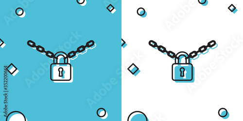Black Metal chain and lock icon isolated on blue and white background. Padlock and steel chain. Random dynamic shapes. Vector Illustration