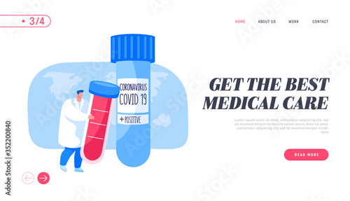 Coronavirus Infection Test Landing Page Template. Doctor Character Carry Huge Flask with Positive Covid19 Blood Test Sampling to Determine Presence of Contagious Disease. Cartoon Vector Illustration
