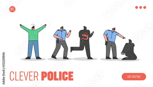 Police arresting criminal. Template landing page with cartoon constable patrol helping robbed woman