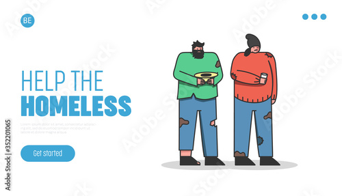 Help homeless. Unemployed poor people begging money. Donation landing page design
