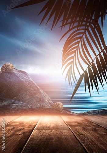 Sea evening landscape with sunset. Palm tree branches  silhouettes  sunlight. Wooden table by the sea. Night view  open-air seascape. 3D illustration