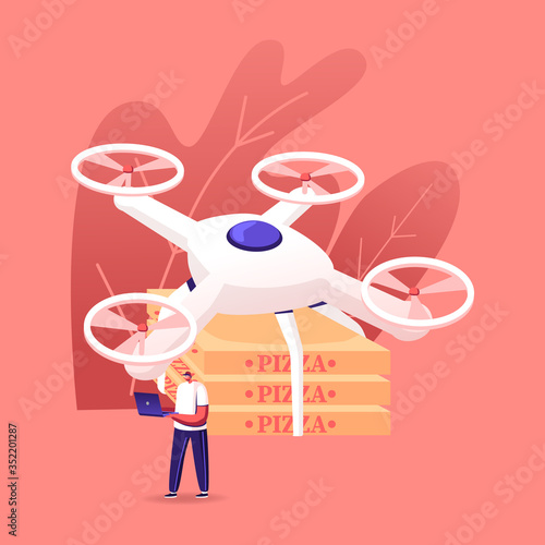 Young Man Character Holding Telecontrol Pad for Navigating Flying Drone with Remote Control Delivering Pizza Boxes to Customers. Quadcopter Food Delivery, Air Shipping. Cartoon Vector Illustration