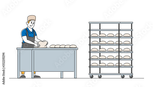 Bakery Factory and Food Production Concept. Male Baker Character Kneading Dough on Table for Baking Bread. Worker on Modern Confectionery or Baking Manufacture Plant. Linear Vector Illustration