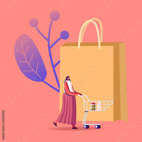 Female Customer Character Stand in Grocery or Supermarket with Goods in Shopping Trolley at Huge Paper Bag Visiting Store for Products Purchases. Sale, Consumerism Concept. Cartoon Vector Illustration