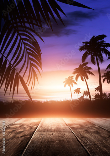 Sea evening landscape with sunset. Palm tree branches, silhouettes, sunlight. Wooden table by the sea. Night view, open-air seascape. 3D illustration