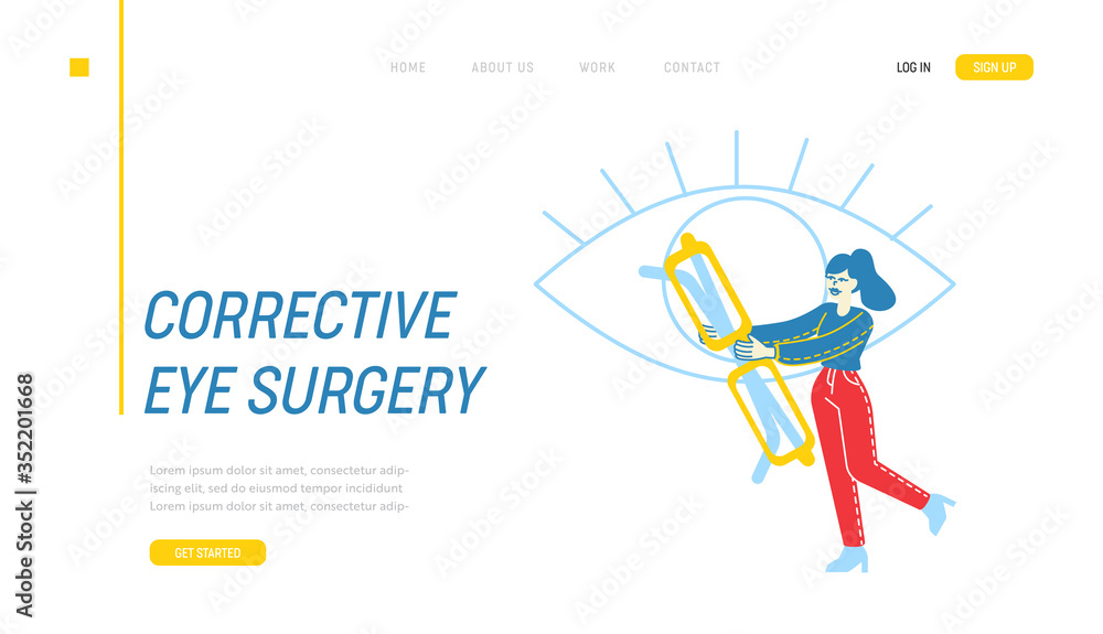 Patient at Doctor Oculist Ophthalmologist Appointment Landing Page Template. Tiny Female Character Carry Huge Eyeglasses front of Human Eye. Vision Diseases and Diagnostics. Linear Vector Illustration