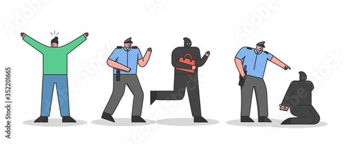 Cartoon police officers chasing and arresting robbers stealing woman handbag