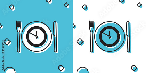 Black Plate with clock, fork and knife icon isolated on blue and white background. Lunch time. Eating, nutrition regime, meal time and diet concept. Random dynamic shapes. Vector Illustration