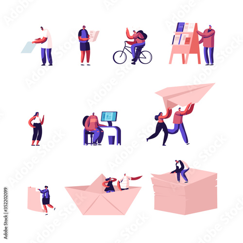 Set of Tiny Characters Traveling in Foreign Country with Map, Backpacker Riding Bike, Man at Newspaper Stand. People Work on Computer Isolated on White Background. Cartoon Vector Illustration, Icons