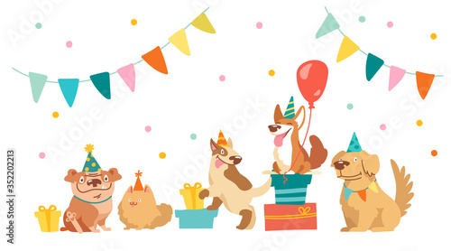 Bulldog, Bull Terrier, Corgi and Spitz Characters Celebrate Happy Birthday Party. Cute Kawaii Dogs with Holidays Equipment Balloons, Gifts and Flag Garlands, Kids Design. Cartoon Vector Illustration