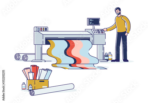 Man printing at plotter wide format banner with coloful ink. Printshop and polygraphy office