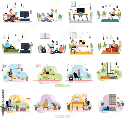 work at Home Office modern flat vector concept digital illustration home office metaphor, a freelancer people working at home coronavirus lifestyle