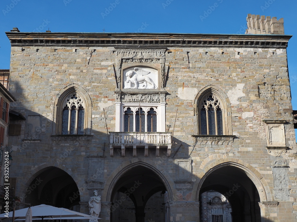 Bergamo, Italy. The old town (Citta Alta). One of the beautiful city in Italy. Lombardia. Landscape at the the ancient Administration Headquarter called Palazzo della Ragione
