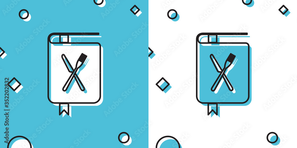 Black Cookbook icon isolated on blue and white background. Cooking book icon. Recipe book. Fork and knife icons. Cutlery symbol. Restaurant symbol. Random dynamic shapes. Vector Illustration Black Cookbook icon isolated on blue and white background. Cooking book icon. Recipe book. Fork and knife icons. Cutlery symbol. Restaurant symbol. Random dynamic shapes. Vector Illustration