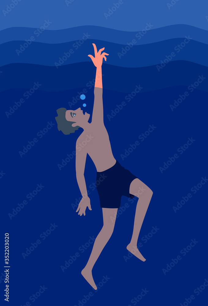 A man drowns, stretches his hand over the water. A vector illustration.