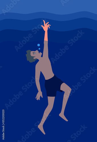A man drowns, stretches his hand over the water. A vector illustration.