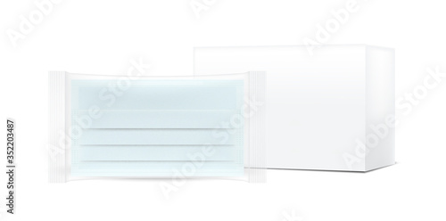 Surgical mask and Virus Protection with Transparent Sachet Bag and Box Packaging isolated on background. Safety Breathing, Health Care and Medical Concept Design.